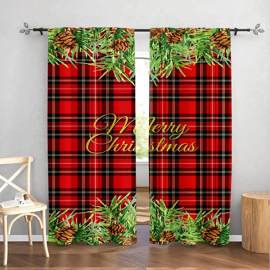 Merry Christmas Plaid Window Curtains Festive Pine Garland Xmas Home Decor Curtain Panels