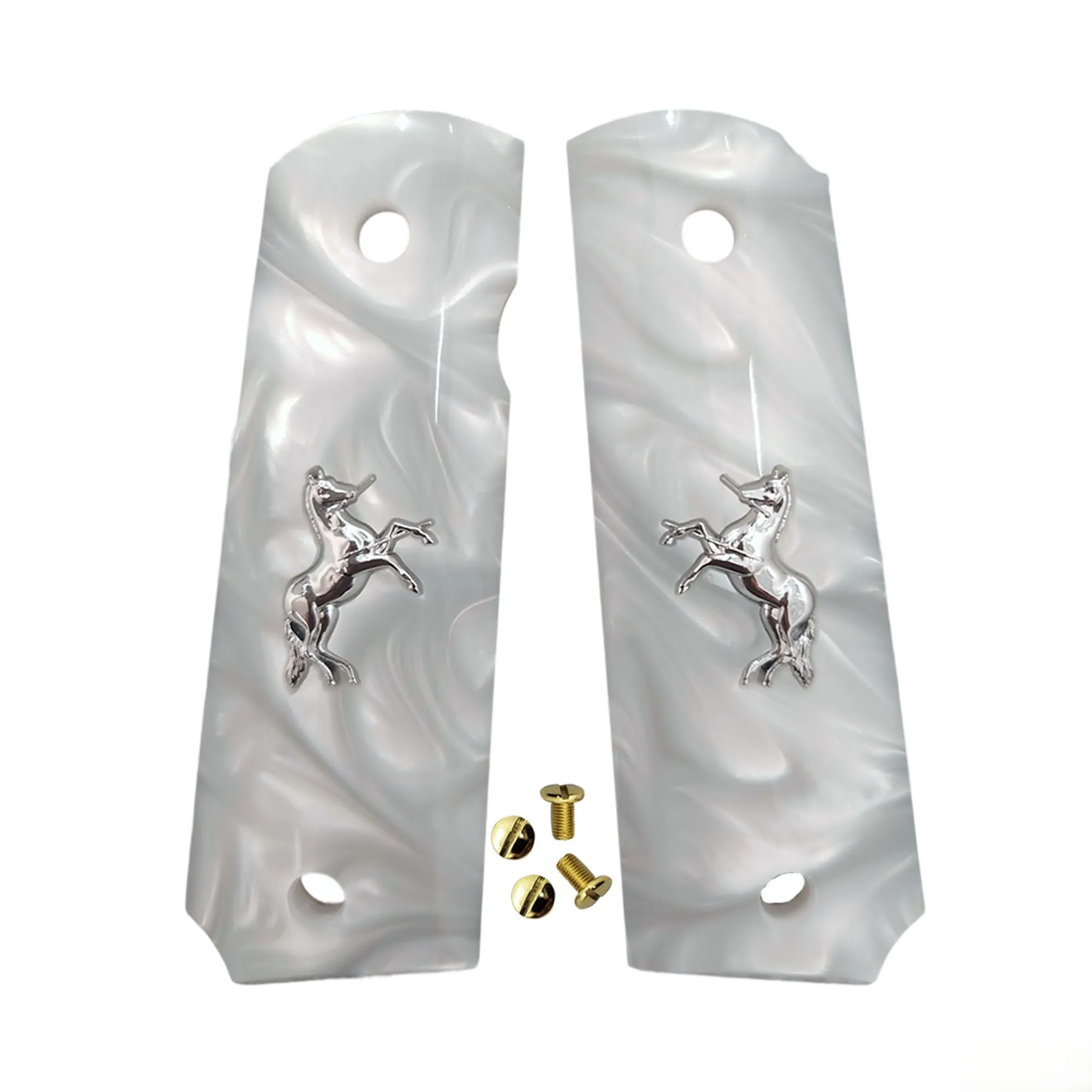 

1911 Grips Full Size,White pearl with Silver Horse,Fits Colt,Kimber,Springfield,Remington,Rock Island,Government Commander