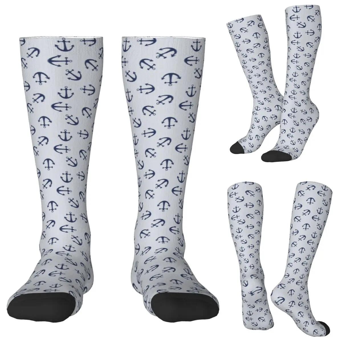 

Maritime Pattern Of Blue Anchors On Light Gray Socks Harajuku Stockings All Season Long Socks for Man Woman Christmas Gifts