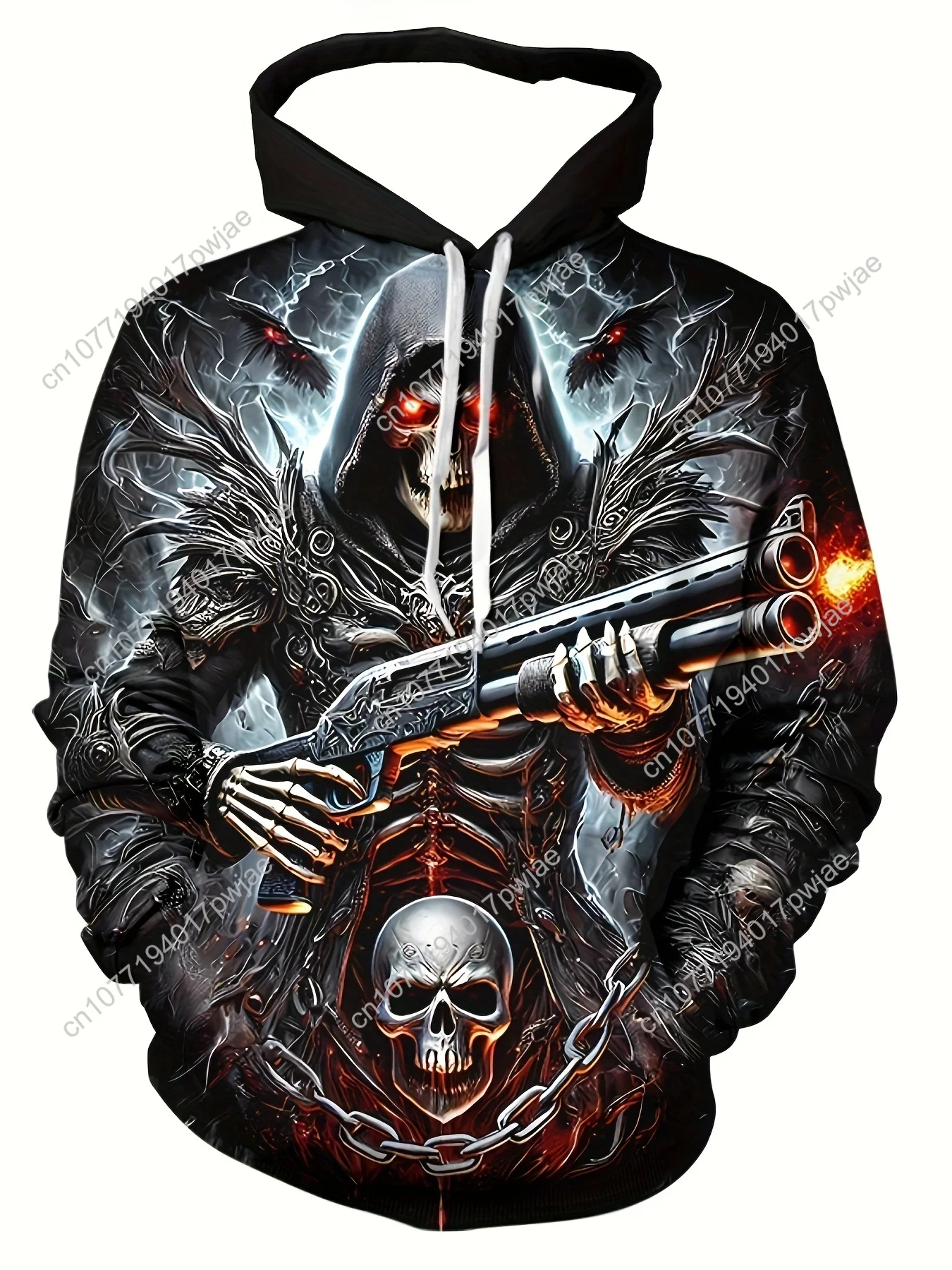 Moletom masculino com capuz gráfico de caveira escura 3D – Design de soldado de esqueleto negrito, moletom casual de manga comprida com cordão e bolsos, poli