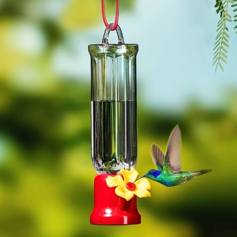 Comedero para Colibríes de 1 Pieza, Tubo de Vidrio Transparente con Puerto de Flor Roja, Comedero Colgante Desmontable para Pájaros, para Jardín Exterior
