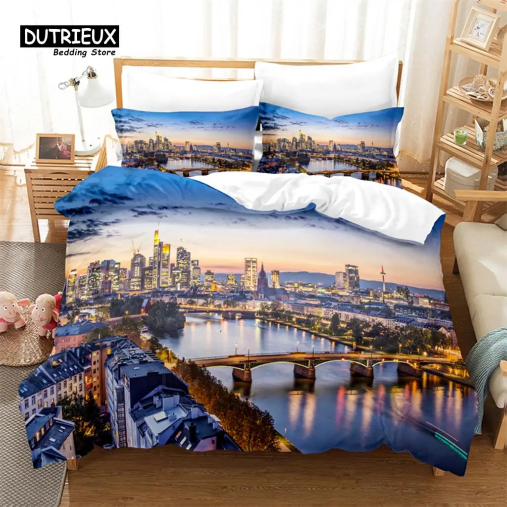 City Night Scene Duvet Cover Set, Fashion Bedding Set, Soft Comfortable Breathable Duvet Cover, For Bedroom Guest Room Decor