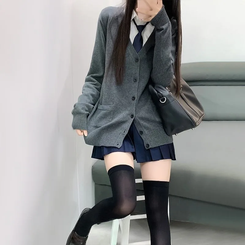 Sweet College Style Top Original Jk Uniform Set Coat Sweater Japanese College Style Knitted Grey Open Fleece Jacket