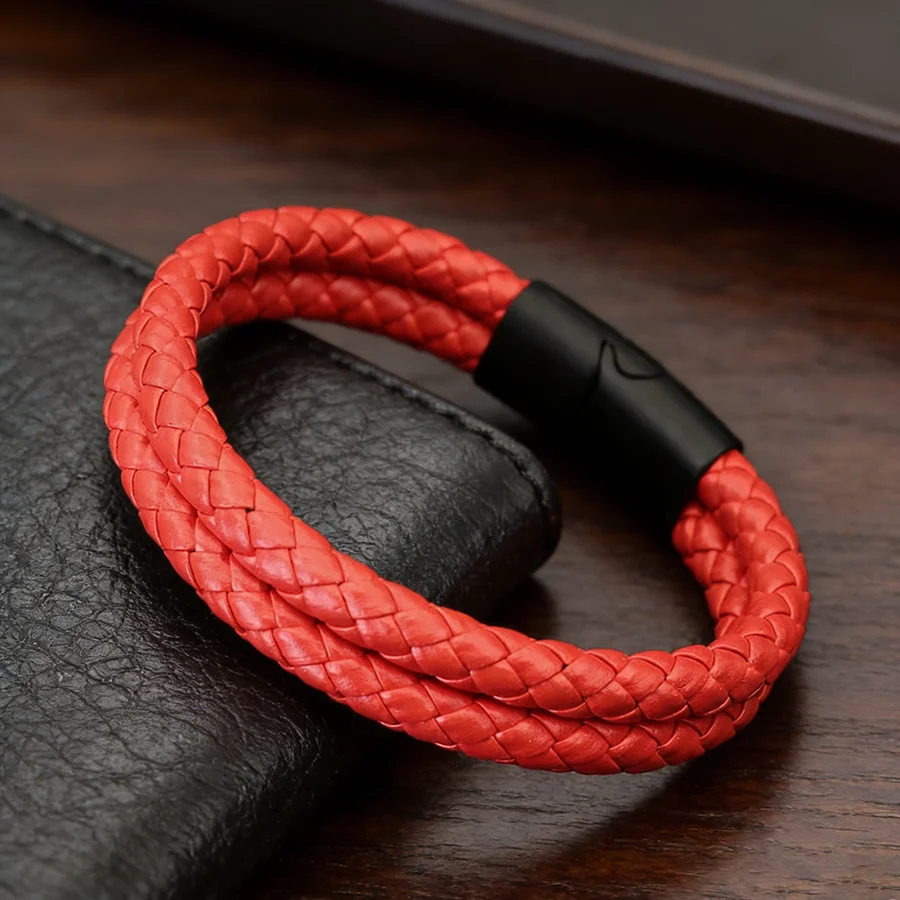 Punk Weaven PU Leder Männer Armband Handgemachte Hohe Qualität Bilayer String Magnetische Verschluss Armband Büro Kühlen Homme Hand Schmuck