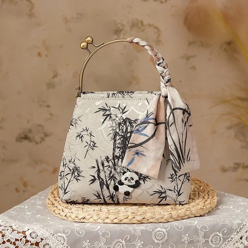 Women Vintage Panda Embroidery Cute Medium Size Handbag 2025 Retro Chic Cottagecore Aesthetic Kawaii Chinese Style Shoulder Bag