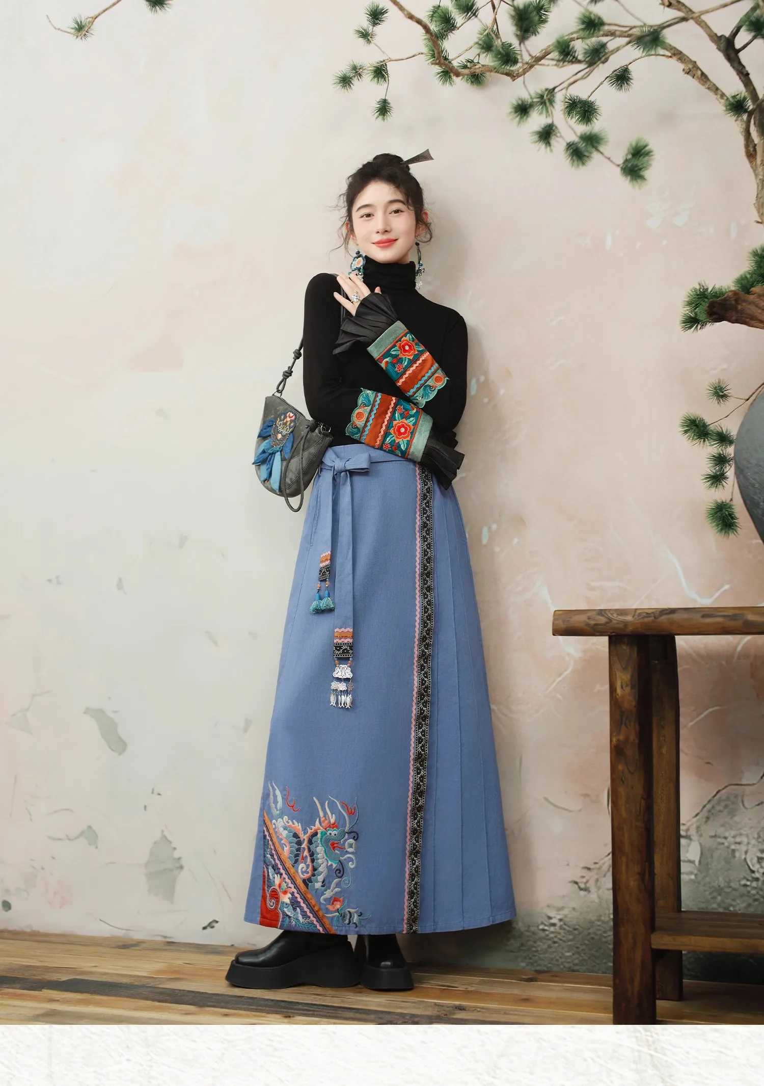 

TIYIHAILEY Long Maxi A-line Women Cotton Spring Autumn Skirts Denim Blue Ladies Embroidery Bandage Chinese Style High Waist