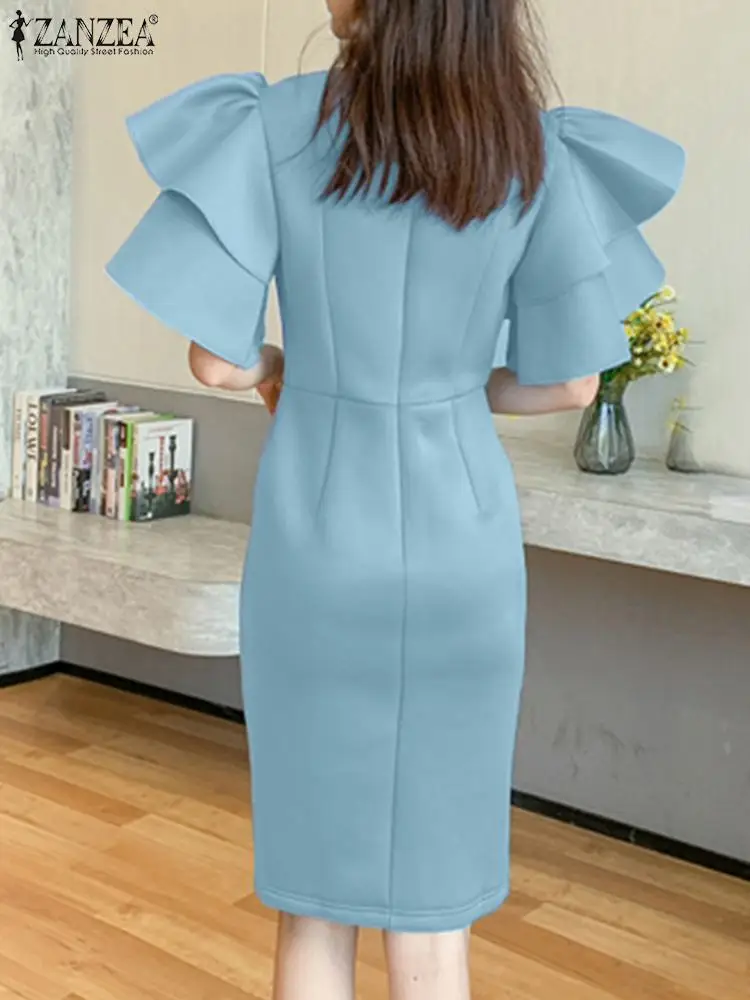 ZANZEA Fashion Side Split Sexy Wrap Dresses Elegant Solid Slim Dress Women V-neck Mini Vestidos 2024 Summer Ruffled Sleeve Robe