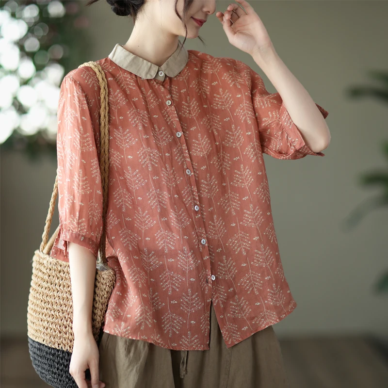 

Floral Print Linen irt Women's Casual Sle Collar Five-Quarter Sve Loose Fit Summer Season Regular Length
