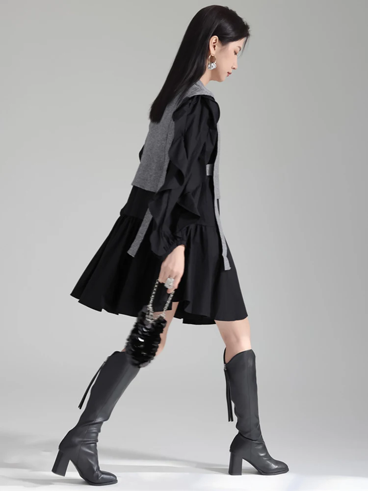 المرأة السوداء الحياكة كتلة اللون الكشكشة فستان أنيق جديد جولة الرقبة طويلة الأكمام أزياء المد ربيع الخريف