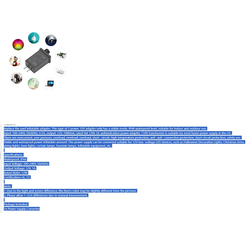 

12V 1A Output Class 2 Power Supply Converter IP44 Waterproof Transformer LED Adapter US Plug Replacement Yard Inflatable Adapter
