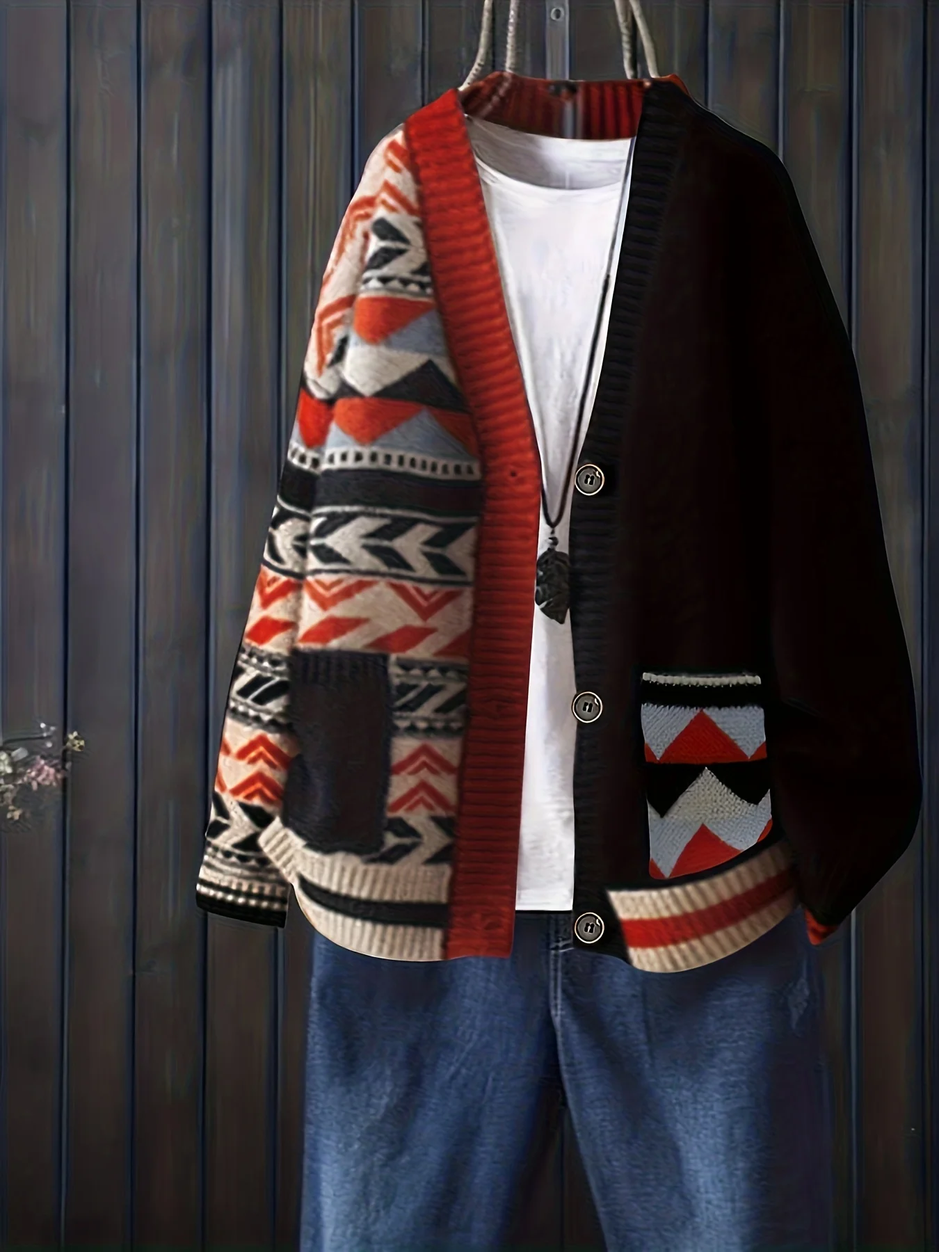 

Geometric Pattern Black Contrast Knitted Cardigan Fashionable Autumn and Winter V-Neck Ethnic Pattern Women's Sweater