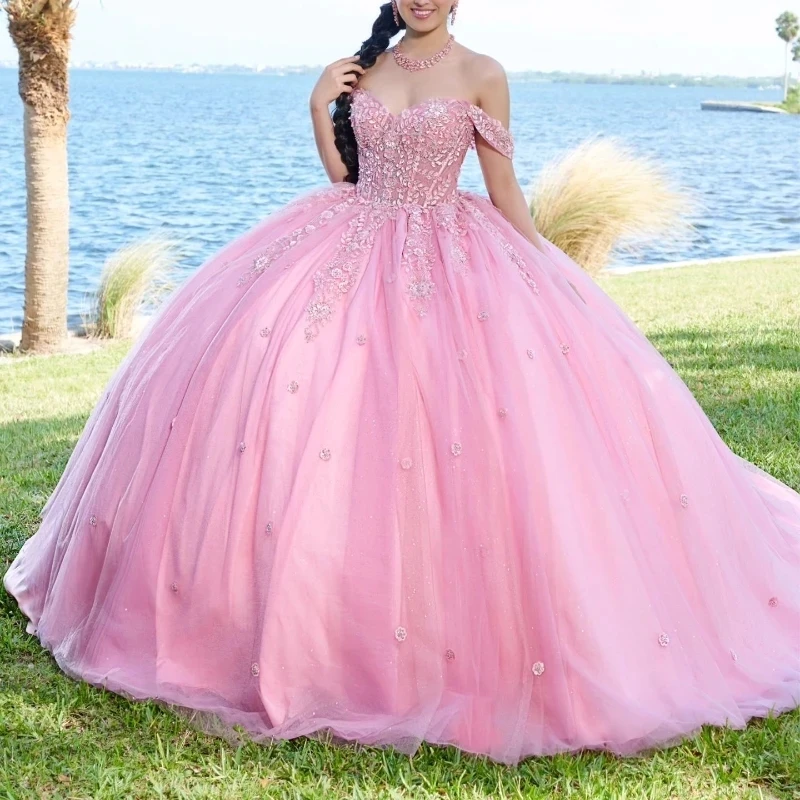 

Pink Shiny Quinceanera Dress 2024 Ball Gown Appliques Lace Beading Sequins Puffy Skirt Sweet Tulle Vestidos De 15 Años Sweet 16