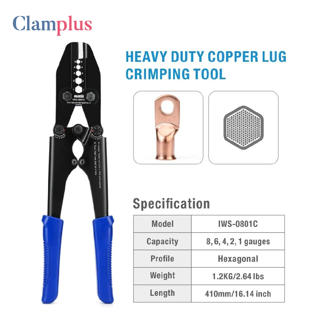 

IWS-0801C Battery Cable Compression Lug Crimping Tool from AWG 8-1 with Built-in Cable Cutter Heavy Duty Crimper Plier