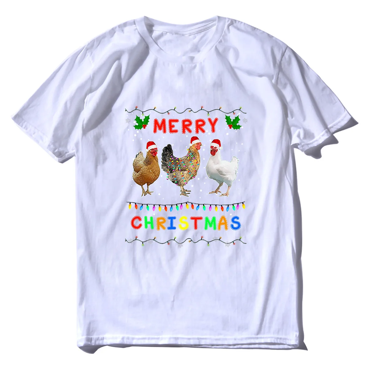 Unisex 100% Cotton Merry Christmas Three Chickens Lights Xmas Gifts Men Oversized T-Shirt Casual Streetwear Novelty Humor Tee