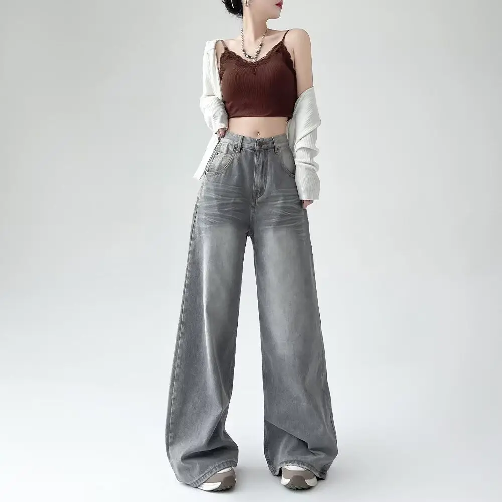 

American Retro ey Waed Wide Leg Jeans Women Tall New High Waist Loose Slim Straight Floor-Length Pants Casual Cotton Poly...
