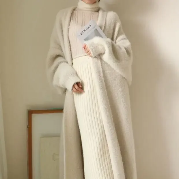 

Korean Chic Elegant Loose Over The Knee Medium and Long Long-sleeved Warm Versatile Imitation Mink Hair Cardigan Jacket Women