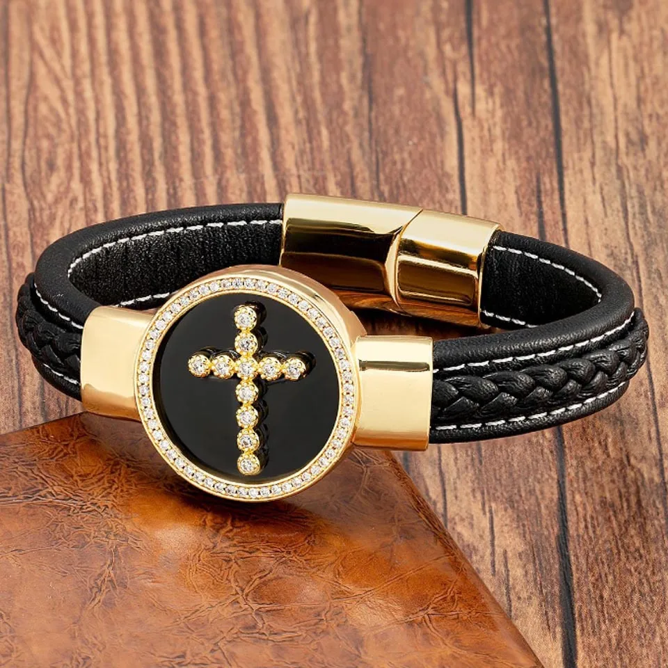 

Zlxgirl Fashion Religious Winds Design Fashion Men's Retro Leather Bracelet Round Stone Classic Stainless Steel Gift For Men