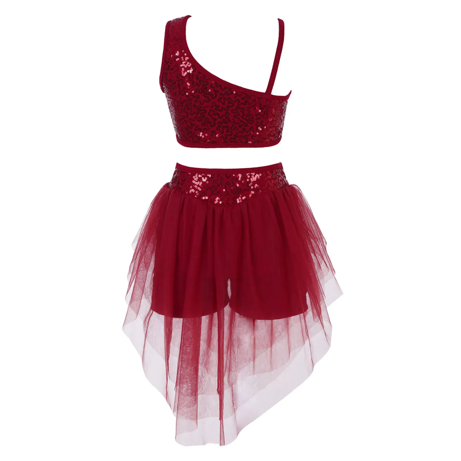 Kids Girls Sequins Ballet Dance Sets Moden Jazz Lyrical Dance Crop Top with Chiffon Skirted Shorts Performance Costume Outfit