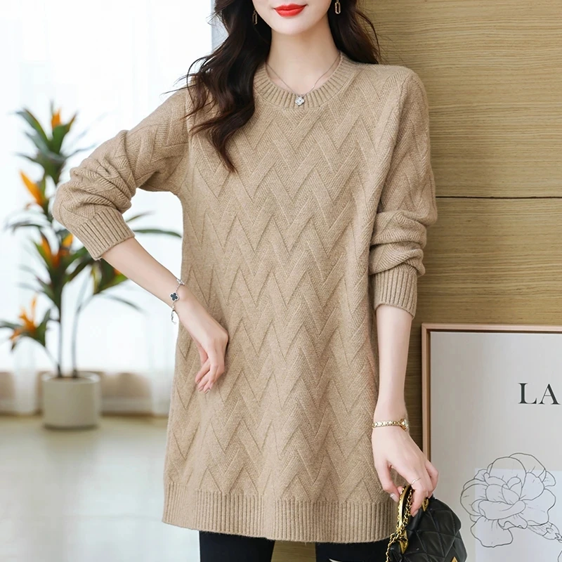 

Вязаный свитер средней длины, осень-зима, женский пуловер, свитер с круглым вырезом и длинными рукавами, повседневная нижняя рубашка, мягкое теплое вязаное платье