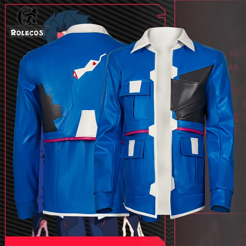 ROLECOS Anime Cyberpunk: Edgerunners 2 D Cosplay Costume Blue Leather Jacket Outfit Halloween Party Role Play Premium Full Set - view 6