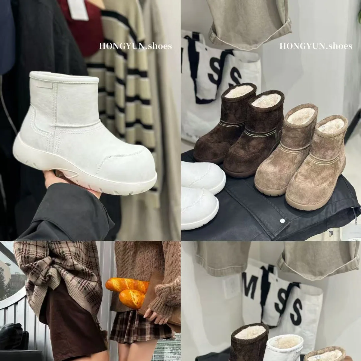 Ugly Cute Big-head Snow Boots for Women Winter Thick Sole Mid-calf Fleece Lined Warm Cotton Boots Eco-friendly Wool Ankle Boots