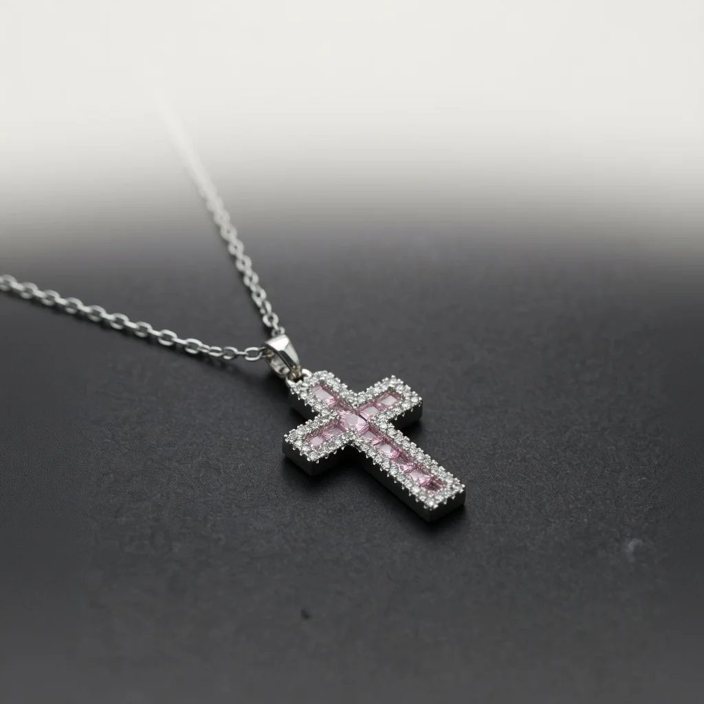 Dreamy Silver Tone Copper Pendant Necklace, Pink Zircon Geometric Cross Decor Jewelry for Party & Special Gift Selection