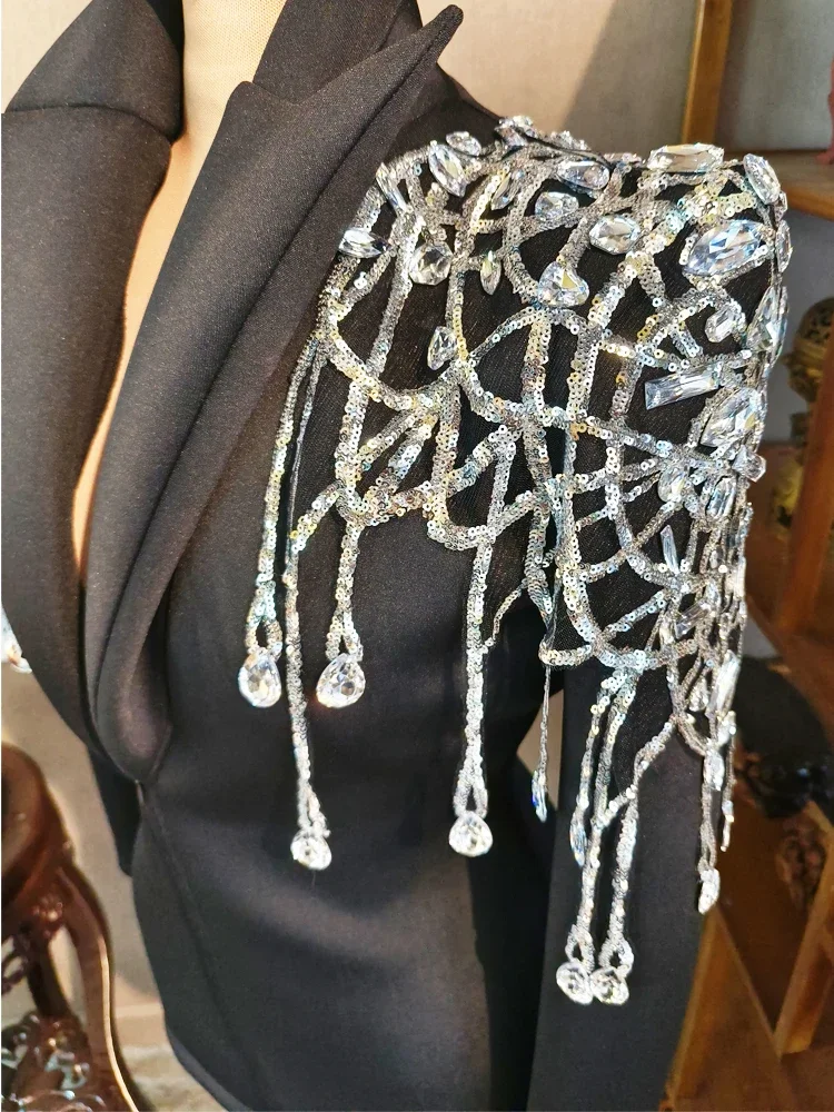 Traje negro de diamantes para mujer, chaqueta ajustada para cantante, vestido de espectáculo de escenario, disfraz de fiesta Drag Queen, regalo de cumpleaños