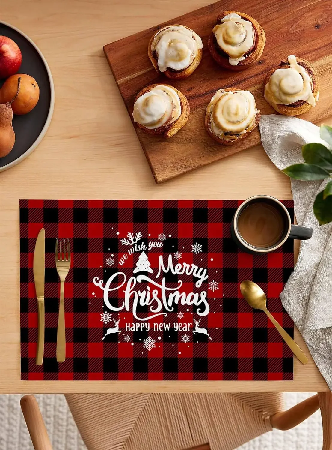 Christmas Snowflake Xmas Elk Buffalo Plaid Linen Placemats Set Dining Decor Washable Winter Holiday Placemats Xams Decorations