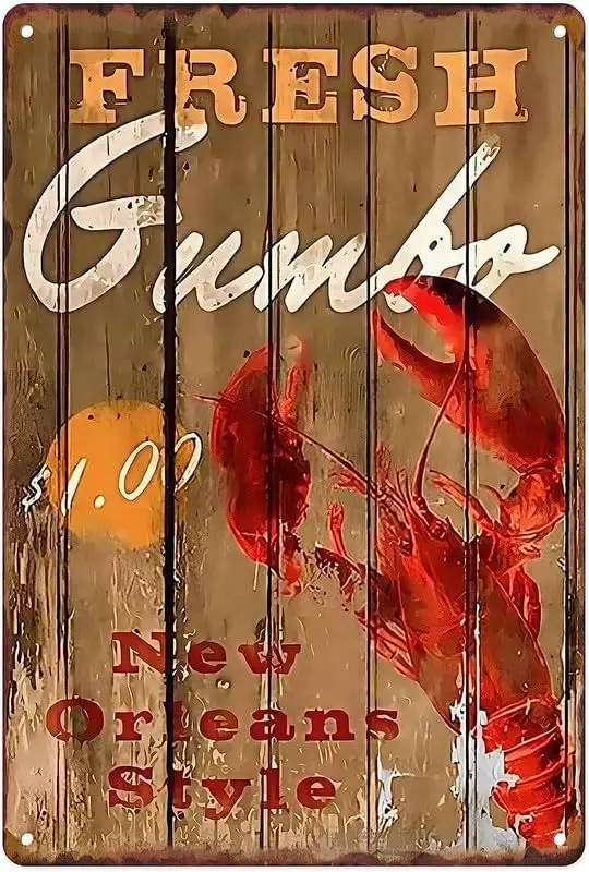 Metal Tin Sign Vintage New Orleans Crawfish Decoration Fresh Gumbo Best Seafood for Home, Shop, Restaurant Wall Decor 12x8 Inche