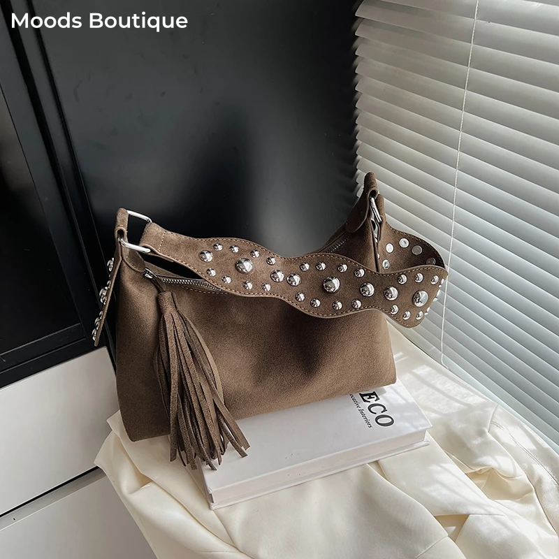 

MOODS Fashion Shoulder Bags For Women Rivets Tassels Decored PU Suede Cross Body Bag 2025 Autumn Latest Luxury Designer Handbags
