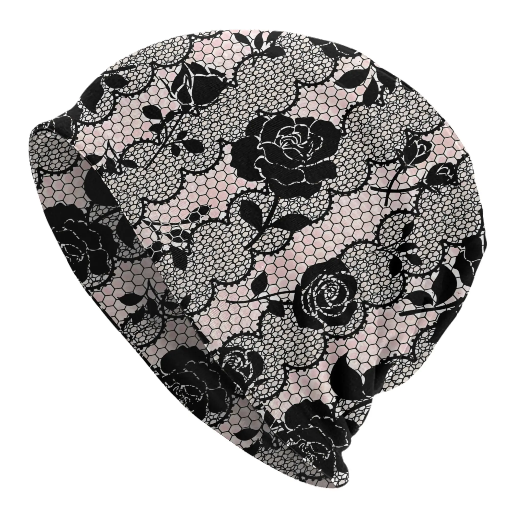 Unisex Hip Hop Beanie Hat Featuring a Lace Design And a Black Rose Skull