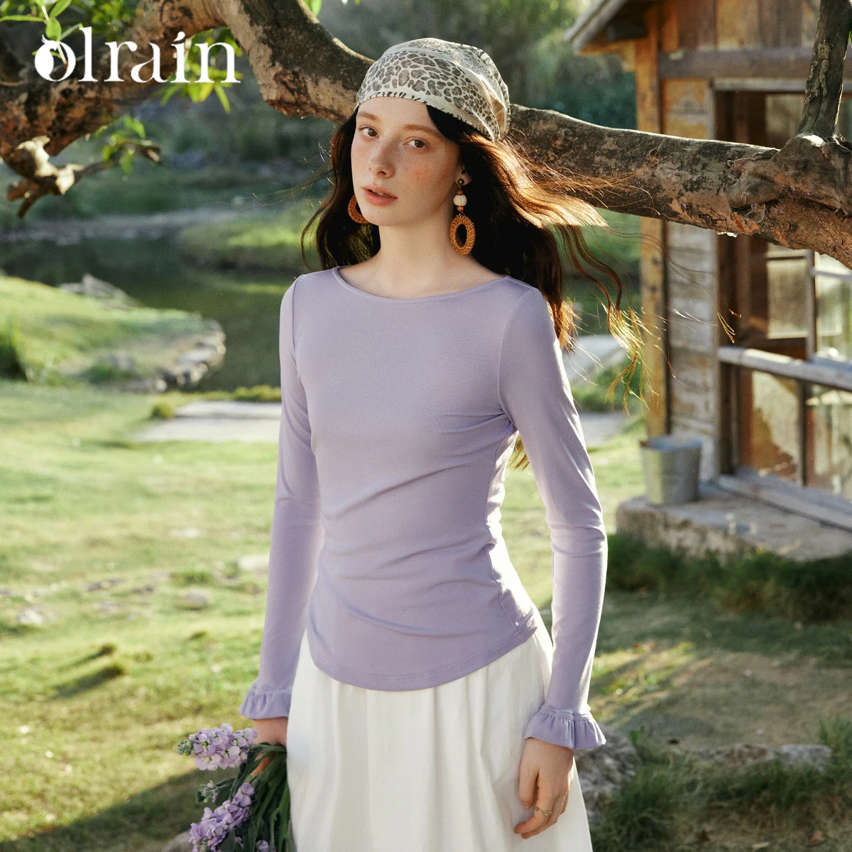 OLrain Women's Off Shoulder Knitted Long Sleeve T Shirt 2026 Fall French Chic Ruffle Trim Elegant Unique Ladies Tops O58CT003516