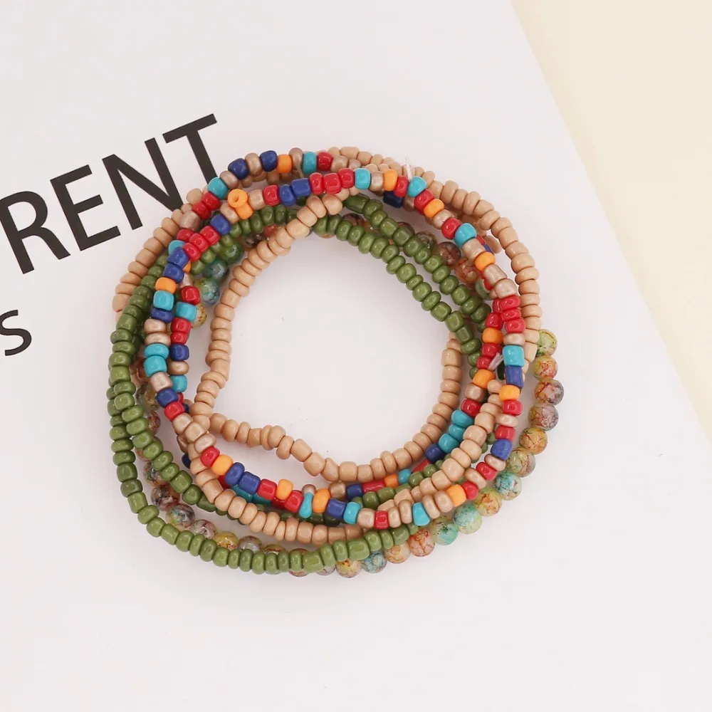 Ins Bohemian Stone Beaded Bracelet Crystal Multicolors Multilayer Chain Bracelet Boho Style Elastic Beads Bangle Women