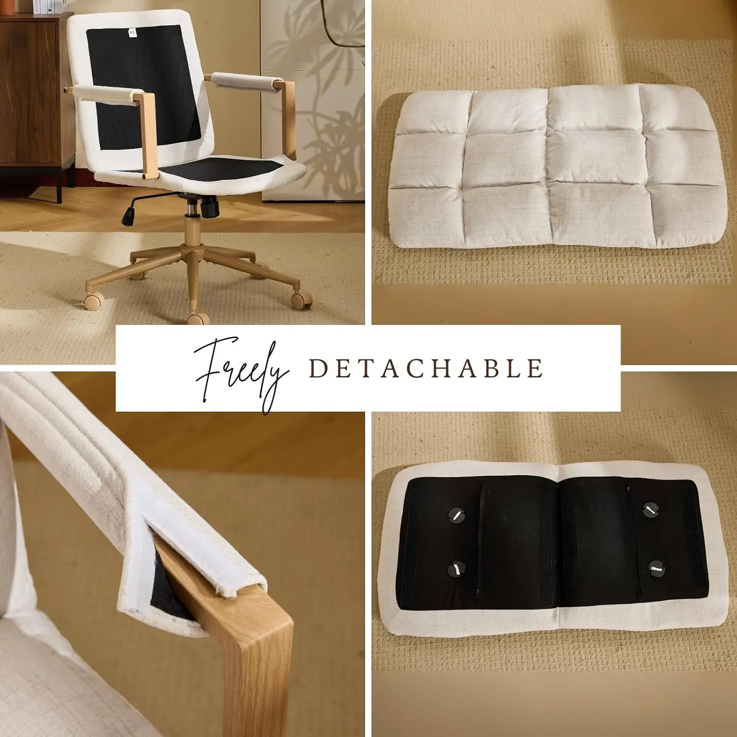 Linen Office Chair with Wheels & Detachable Cushions & Wood Armrests, Swivel Small Computer Task Chair for Makeup Vanity Study S