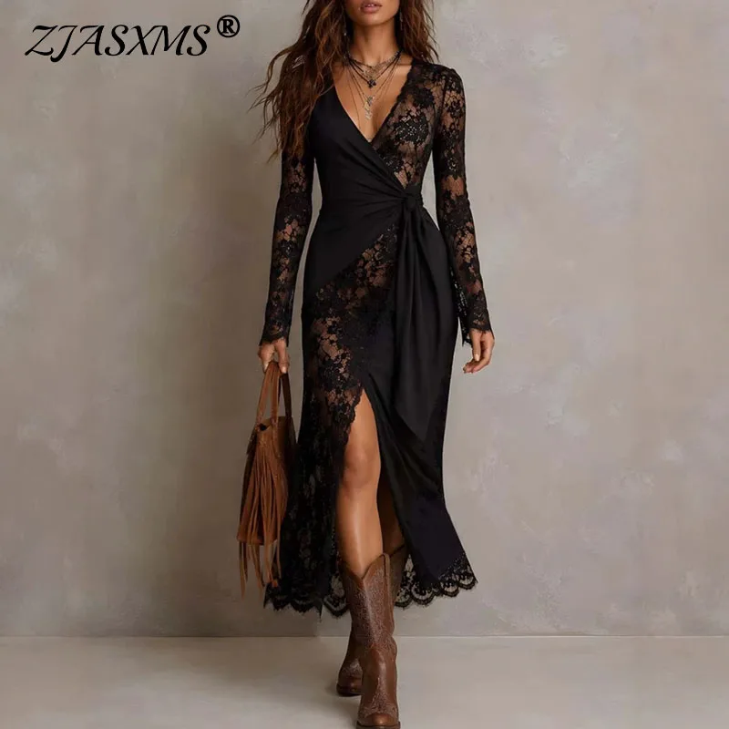 Damen Spitzen-Wickelkleid, Maxi-Kleid mit tiefem V-Ausschnitt, langen Ärmeln, hohem Schlitz, asymmetrischem Saum, figurbetontes Kleid, einfarbig, für Abendveranstaltungen, Partys, Gäste, Boho-Kleid