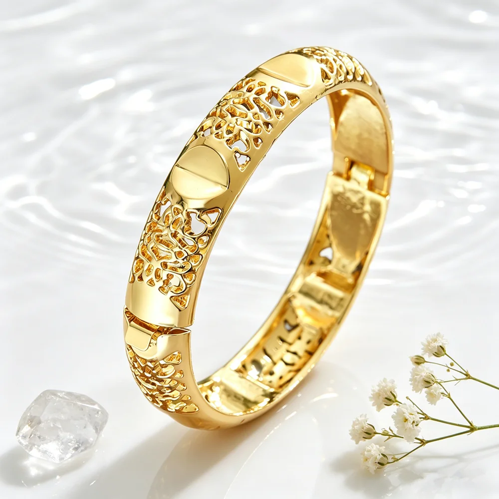 Retro Hollow Cutout Gold Bangle 24K Plated With Snap Clasp Ideal Gift Jewelry For Women Special Days