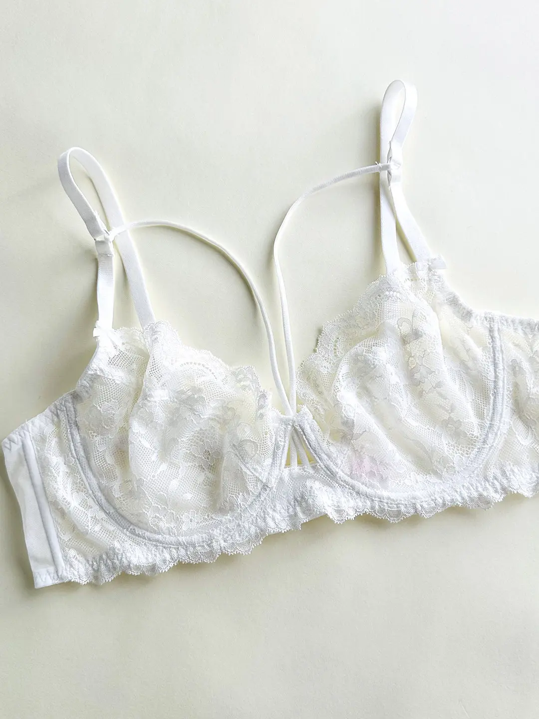 French Lace Ultra-Thin Cup Bra, Sexy Sheer Mesh, Thin Shoulder Straps, Backless Design, Pure & Seductive Style Bra and Panty Set