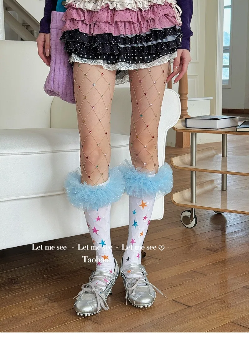Japanese New Original Dreamy Girl Colorful Star White Calf Socks Lace Velvet Mid-Calf Women's Stockings Kawaii Sweet Y2k Hosiery