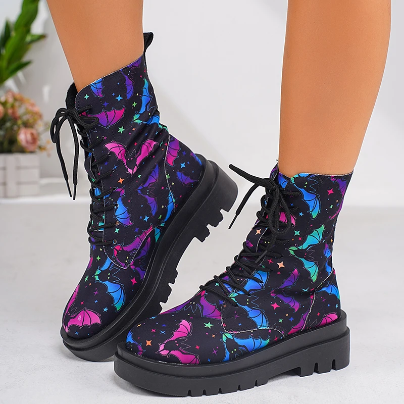 Women\'s Fashion Graffiti Printed Ankle Boots Platform Lace Up Flat Combat Booties Woman Non Slip Pu Leather Short Botines Mujer