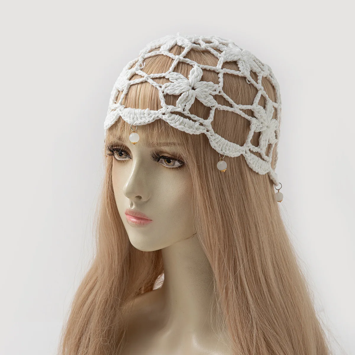 Women'S Multi-Color Crochet Hollow Knit Headscarf Hat With Pearl Charm Stretchy Pull-On Hat Vintage Breathable Elegant Headscarf