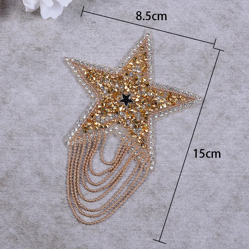 Luxury Crystal Rhinestone Five-pointed Star Tassel Patches for Clothing Iron on Clothes Appliques Iron-on Pentagram Stickers DIY