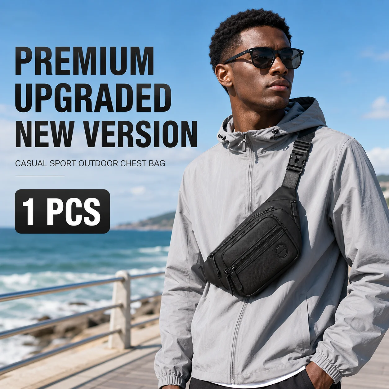Men's Black Waist Bag, Multi-Pocket Crossbody Sling Pack, Water-Resistant Adjustable Zipper Fanny Pack, EDC Holiday Gift