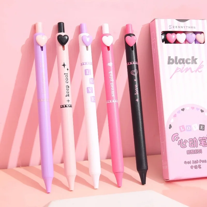 

5pcs/box Sweet Love Button 0.5mm Ballpoint Black Pink Press Gel Pen Business Signature Pen Black Color Ink for Writing School