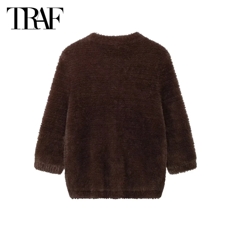 TRAF Brown Faux Fur Cardigans 2024 Women's Autumn Winter Cropped Knitted Outerwears Ladies Fashion Casual Short Knitwear Coats