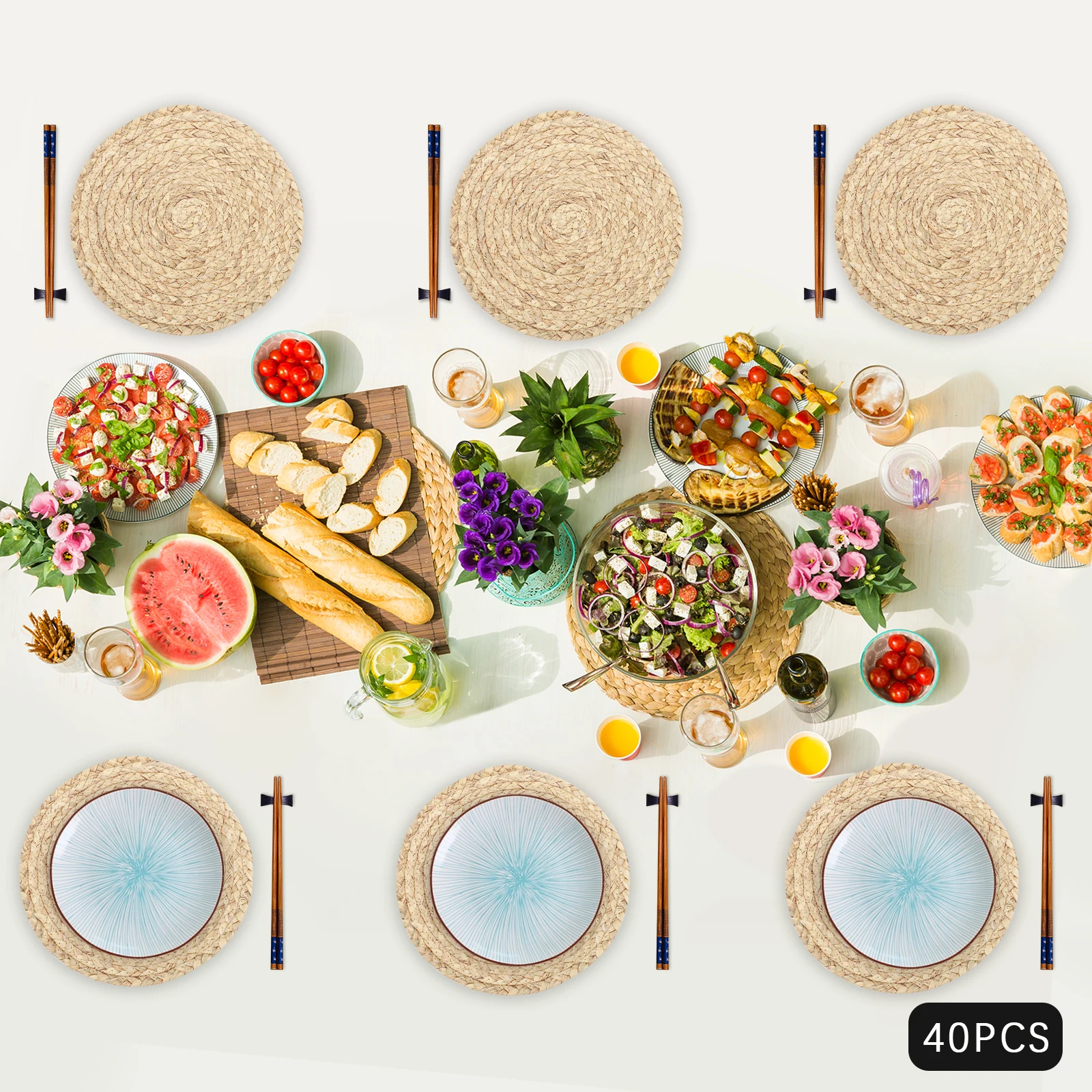 

40PCS 11.81inch Hand-woven Placemats Round Woven Water Hyacinth Table Mats Placemats for Restaurant & Dining Table