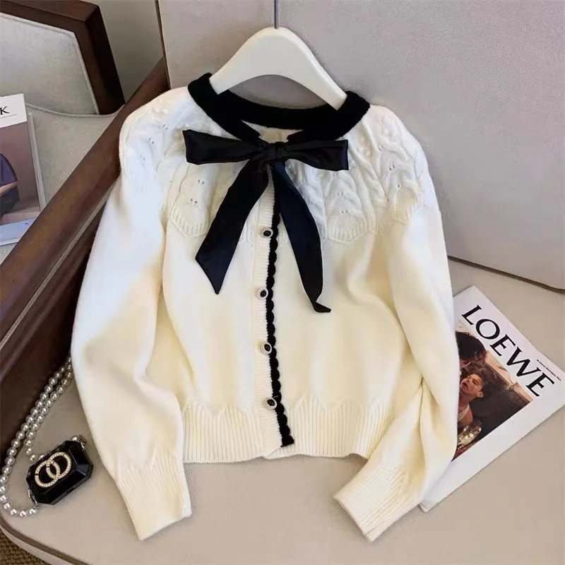 

Spring New Women's Chic Round Neck Long Sleeve Top Fashion Bow Decorated Knitted Cardigan Jacket Women's Textured Top Y2K