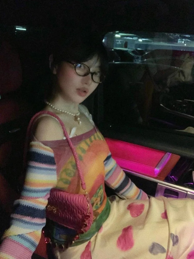 Kimutomo T 셔츠 여성 패치 워크 인쇄 슬래시 넥 섹시한 긴 소매 오프 숄더 Y2k 하라주쿠 빈티지 패션 숙녀