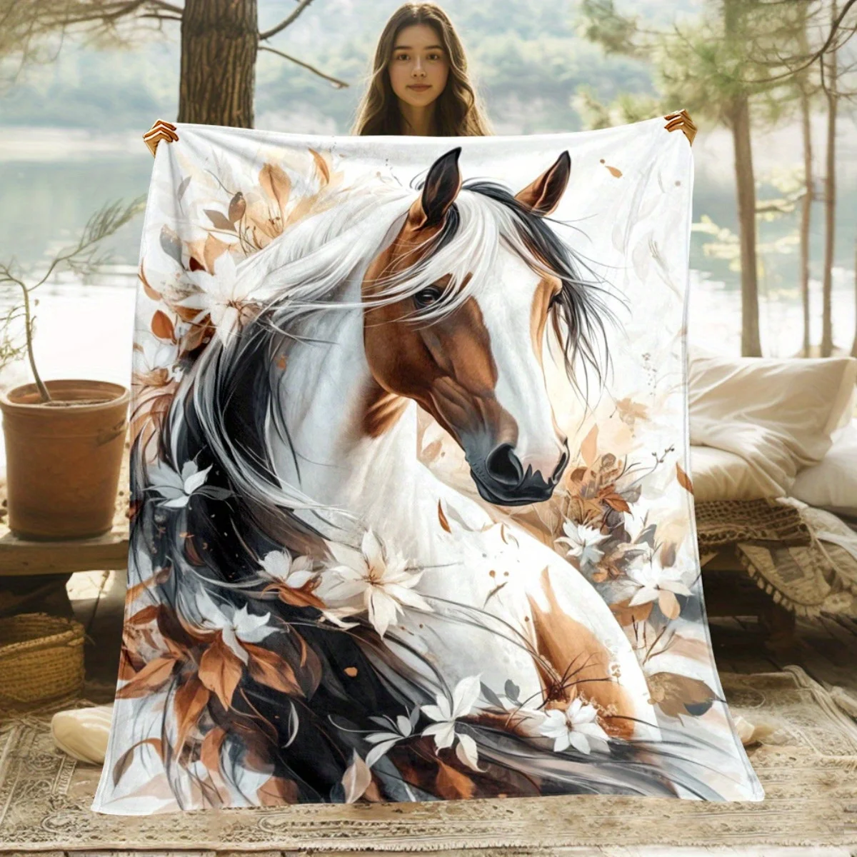 1pc Horse and Rider Blanket- Lightweight Flannel Throw for Sofa, Outdoor, Camping, Livingroom, Office, Chair, and Bed - Digital