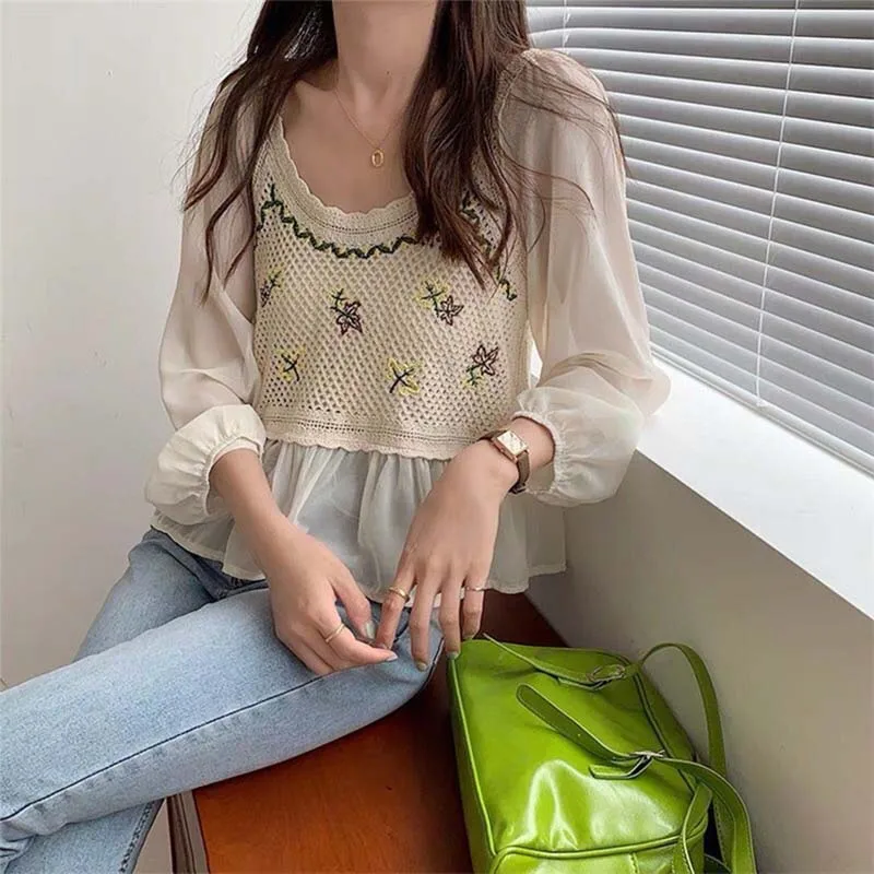Boring Honey Knitted Chiffon Pullover Long-Sleeved T-Shirt Women Embroidered All-Match Top Summer Thin Bohemian National Style 5