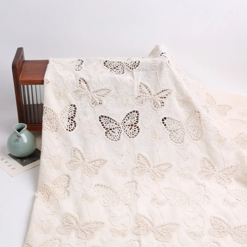 

Хлопковая ткань с бабочками шириной 125 см, водорастворимая вышивка кружевной нитью, 3D ткань с ажурным узором для весенне-летних платьев